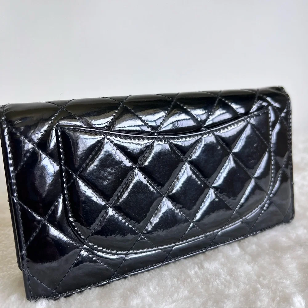 Chanel Classic Long Flap Wallet in Black Quilted Patent Leather